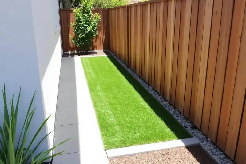 Narrow side yard with a clean strip of artificial grass beside a concrete walkway