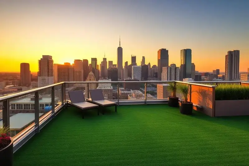 Rooftop deck surfaced with artificial turf and lounge chairs at sunset