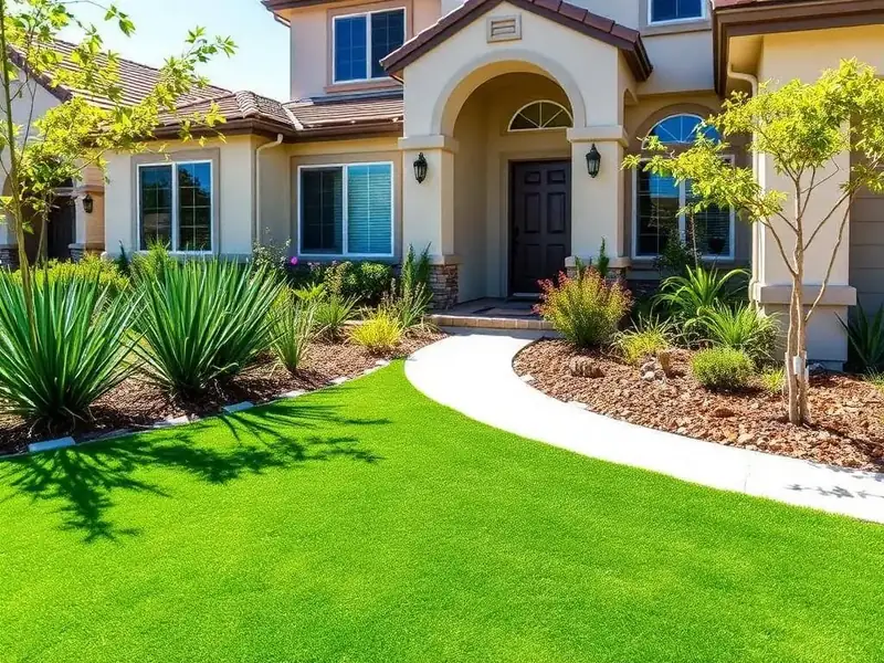 Front yard with a lush artificial grass lawn and drought-tolerant landscaping